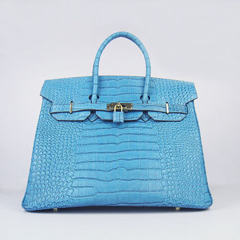 Hermes Birkin 35Cm Crocodile Stripe Handbags Blue Gold